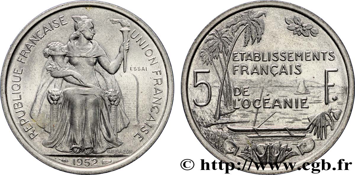 POLYNÉSIE FRANÇAISE - Océanie française Essai de 5 Francs Établissements français de l’Océanie 1952 Paris SPL 