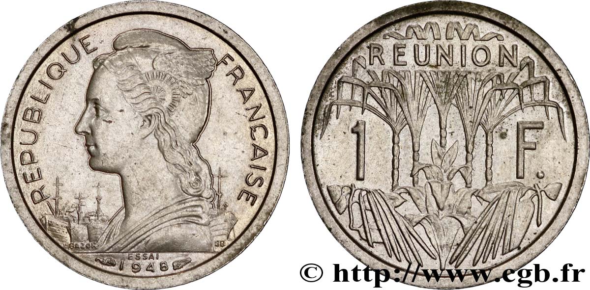 ÎLE DE LA RÉUNION - UNION FRANCAISE 1 Franc Essai buste de la République /  1948 Paris SPL 