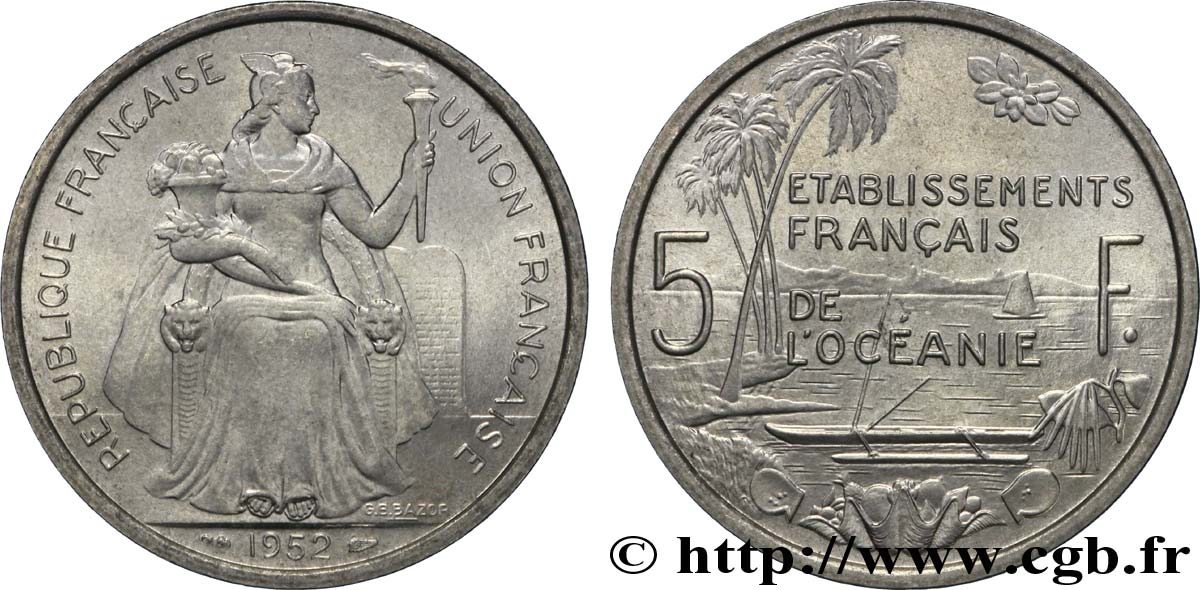 FRENCH POLYNESIA - Oceania Francesa 5 Francs Établissements Français de l’Océanie 1952 Paris SC 