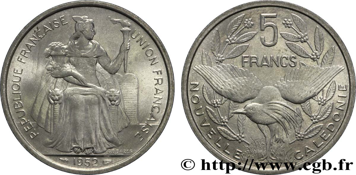NUOVA CALEDONIA 5 Francs Union Française 1952 Paris MS 