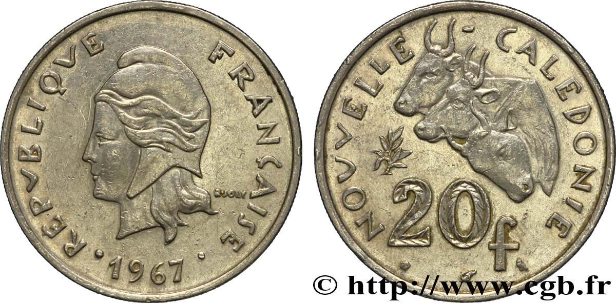 NOUVELLE CALÉDONIE 20 Francs Marianne / zébus d’élevage de Nouvelle Calédonie  1967 Paris TTB+ 
