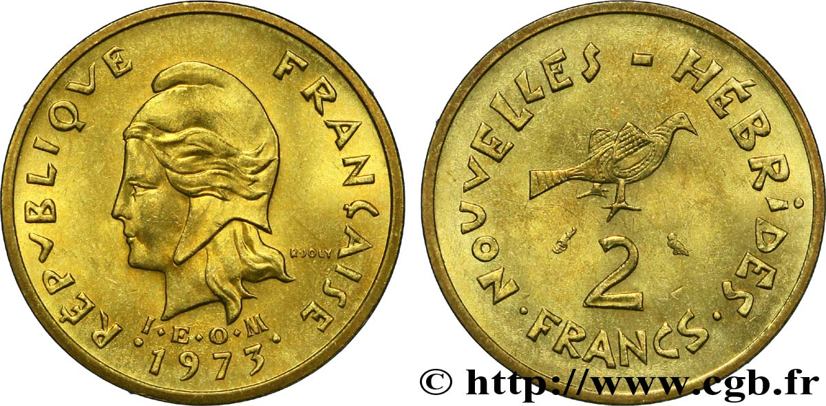 NOUVELLES HÉBRIDES (VANUATU depuis 1980) 2 Francs I. E. O. M. Marianne / oiseau 1973 Paris SPL 