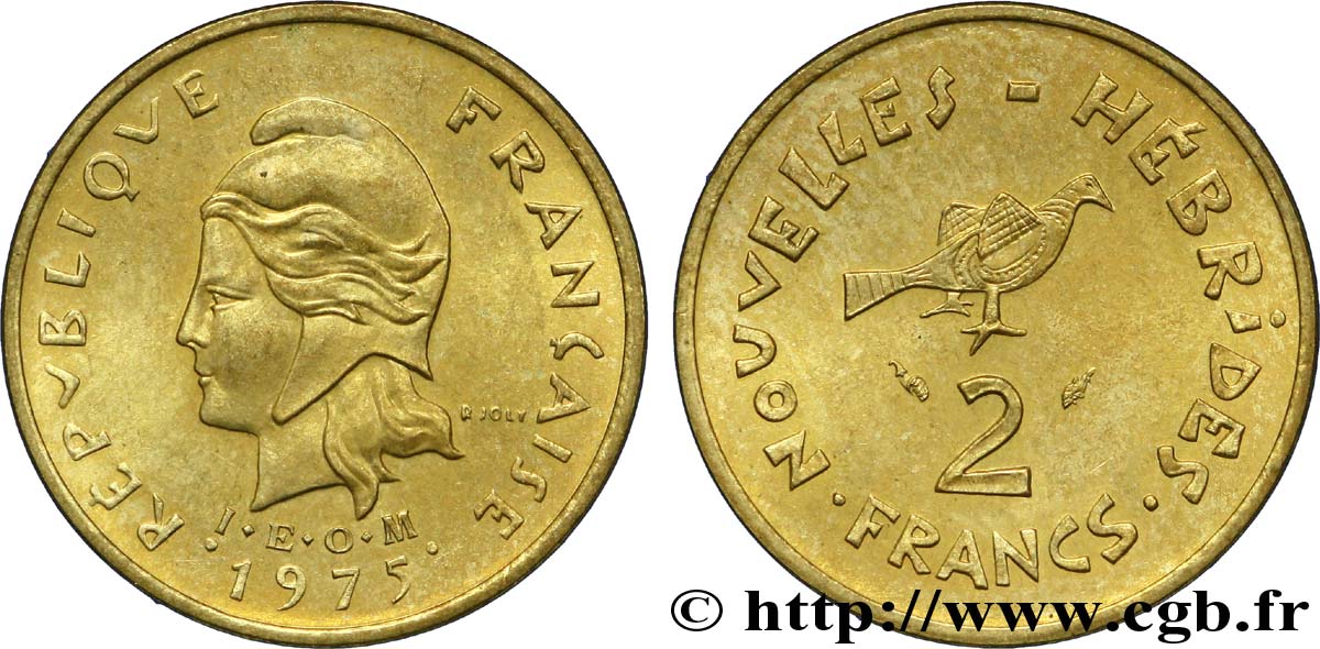 NOUVELLES HÉBRIDES (VANUATU depuis 1980) 2 Francs I. E. O. M. Marianne / oiseau 1975 Paris SUP 