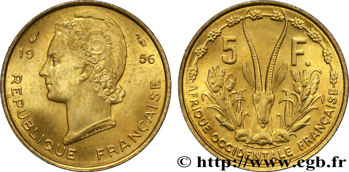 AFRICA OCCIDENTALE FRANCESA  5 Francs Marianne / antilope 1956 Paris FDC 