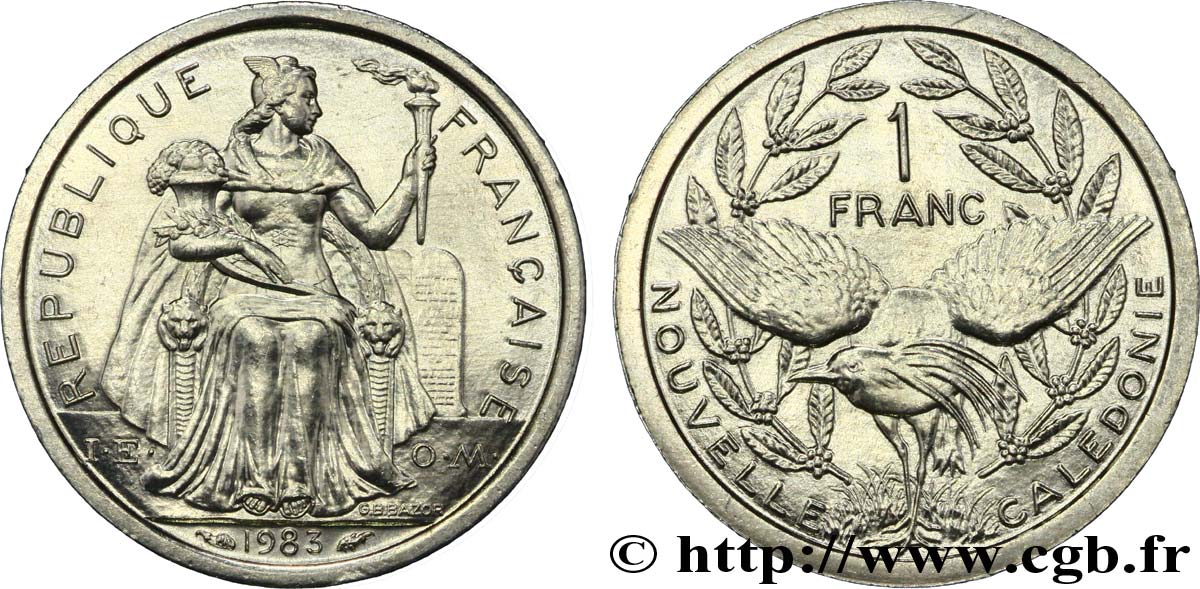 NOUVELLE CALÉDONIE 1 Franc I.E.O.M. représentation allégorique de Minerve / Kagu, oiseau de Nouvelle-Calédonie 1983 Paris SPL 