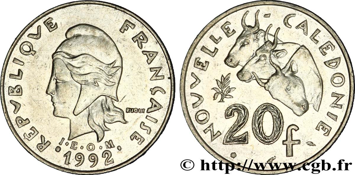 NOUVELLE CALÉDONIE 20 Francs I.E.O.M. Marianne / zébus d’élevage de Nouvelle Calédonie  1992 Paris TTB 