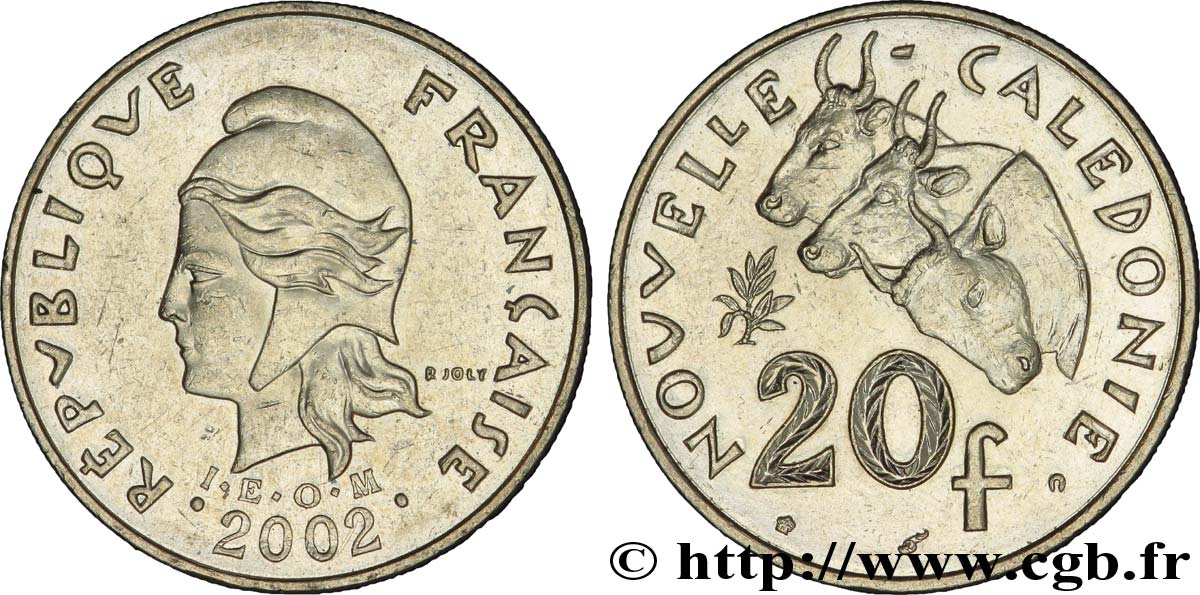 NOUVELLE CALÉDONIE 20 Francs I.E.O.M. Marianne / zébus d’élevage de Nouvelle Calédonie  2002 Paris TTB+ 