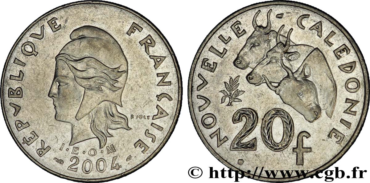 NOUVELLE CALÉDONIE 20 Francs I.E.O.M. Marianne / zébus d’élevage de Nouvelle Calédonie  2004 Paris TTB+ 
