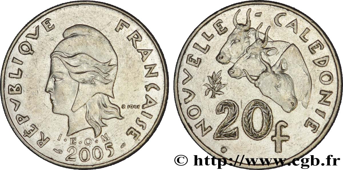 NOUVELLE CALÉDONIE 20 Francs I.E.O.M. Marianne / zébus d’élevage de Nouvelle Calédonie  2005 Paris TTB+ 