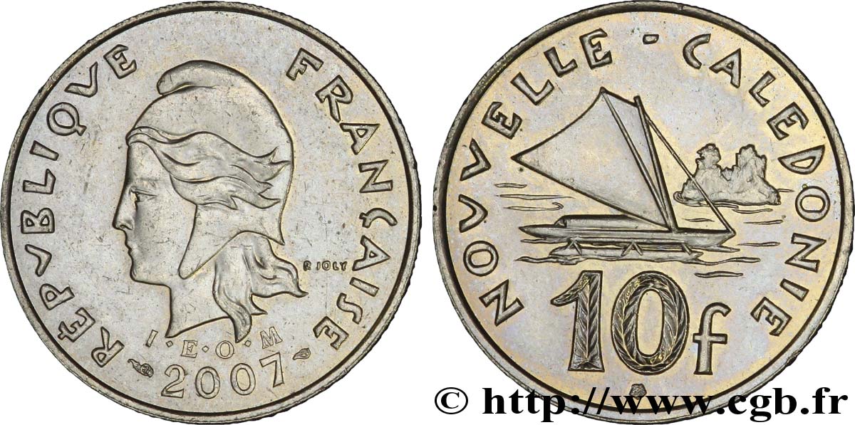 NEW CALEDONIA 10 Francs I.E.O.M. Marianne / paysage maritime néo-calédonien avec pirogue à voile  2007 Paris AU 