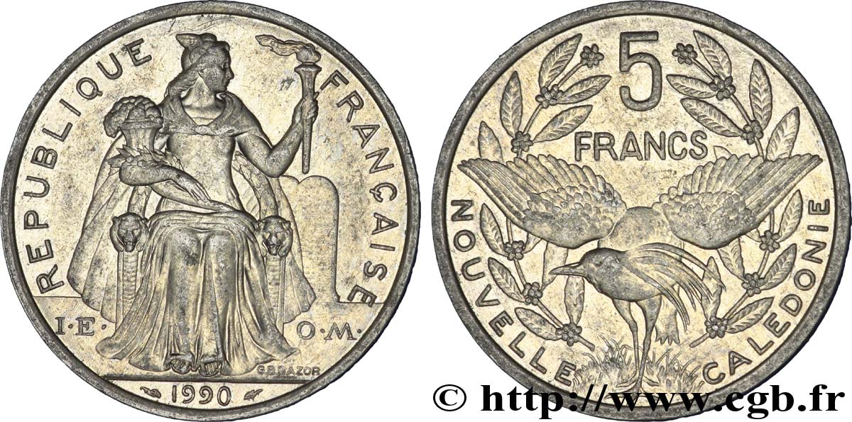 NUEVA CALEDONIA 5 Francs I.E.O.M. représentation allégorique de Minerve / Kagu, oiseau de Nouvelle-Calédonie 1990 Paris EBC 
