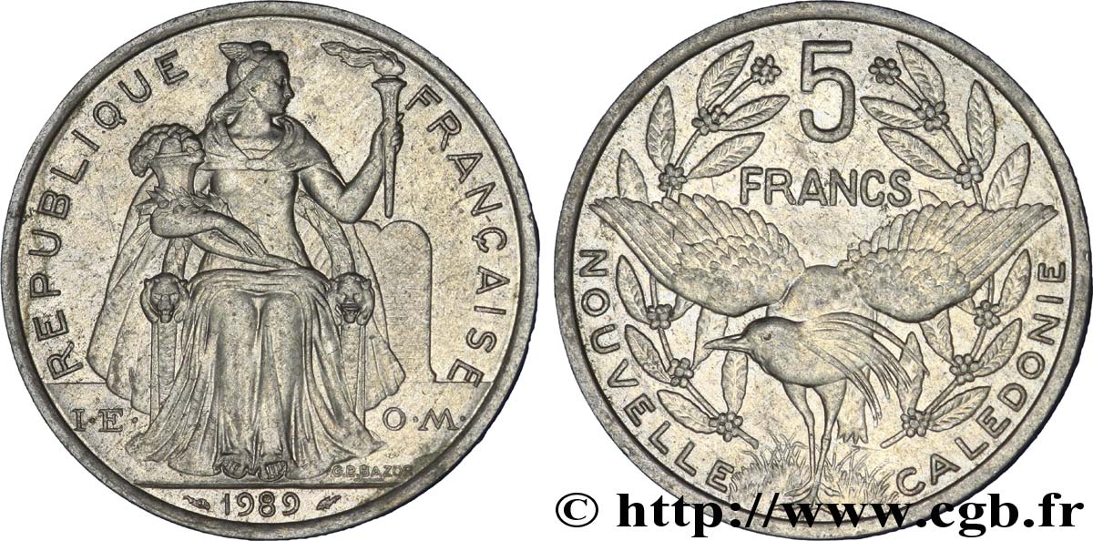 NOUVELLE CALÉDONIE 5 Francs I.E.O.M. représentation allégorique de Minerve / Kagu, oiseau de Nouvelle-Calédonie 1989 Paris SUP 