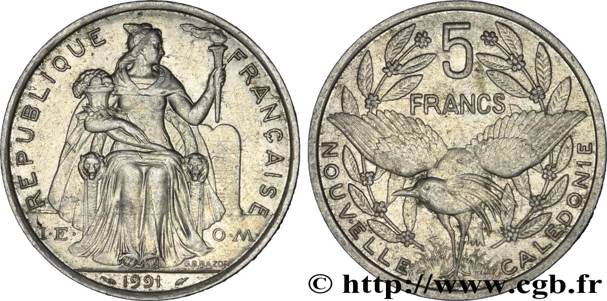 NOUVELLE CALÉDONIE 5 Francs I.E.O.M. représentation allégorique de Minerve / Kagu, oiseau de Nouvelle-Calédonie 1991 Paris TTB+ 