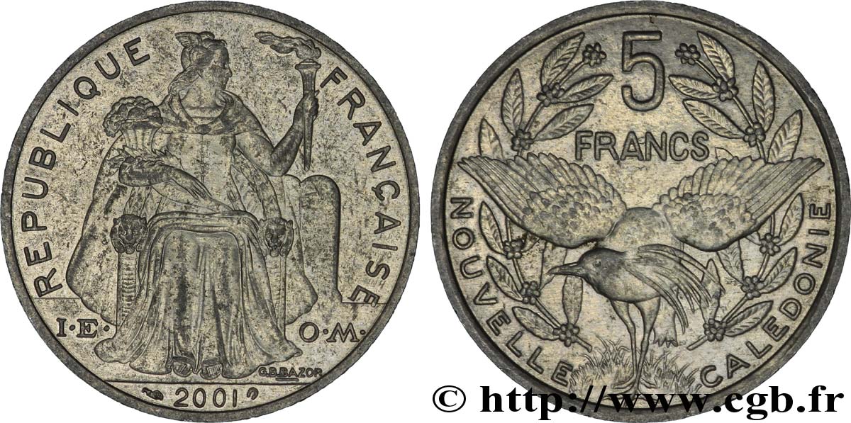 NOUVELLE CALÉDONIE 5 Francs I.E.O.M. représentation allégorique de Minerve / Kagu, oiseau de Nouvelle-Calédonie 2001 Paris SPL 