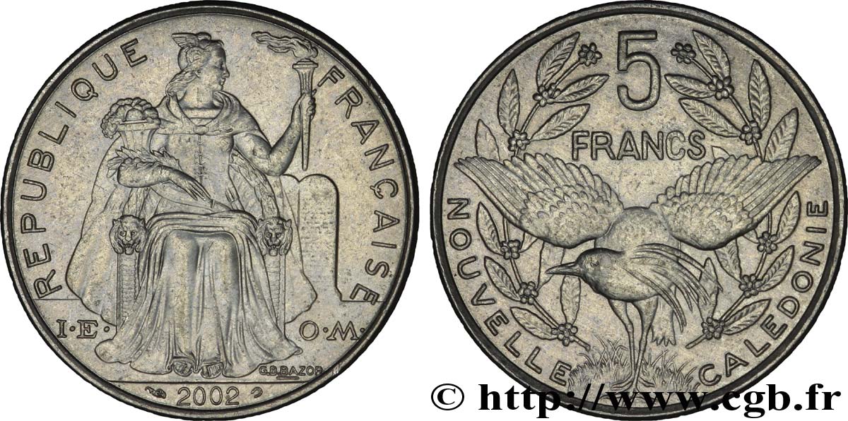 NOUVELLE CALÉDONIE 5 Francs I.E.O.M. représentation allégorique de Minerve / Kagu, oiseau de Nouvelle-Calédonie 2002 Paris SPL 