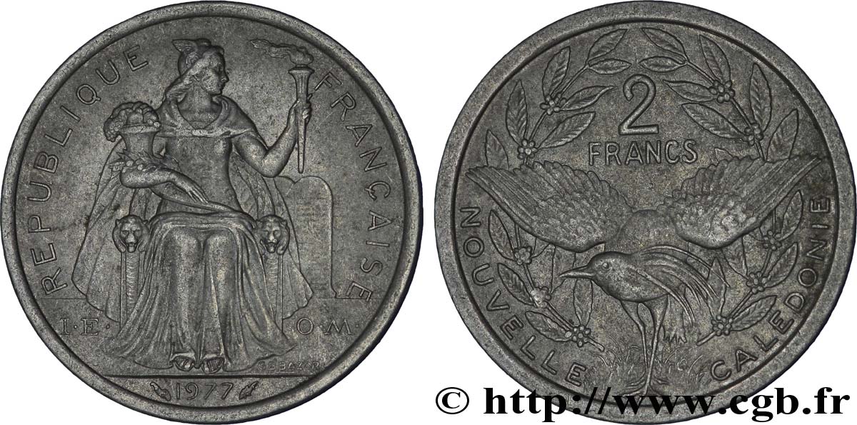 NOUVELLE CALÉDONIE 2 Francs I.E.O.M. représentation allégorique de Minerve / Kagu, oiseau de Nouvelle-Calédonie 1977 Paris SUP 