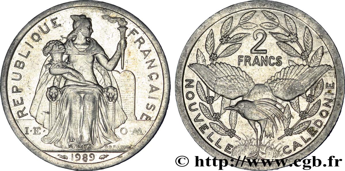 NOUVELLE CALÉDONIE 2 Francs I.E.O.M. représentation allégorique de Minerve / Kagu, oiseau de Nouvelle-Calédonie 1989 Paris SUP 