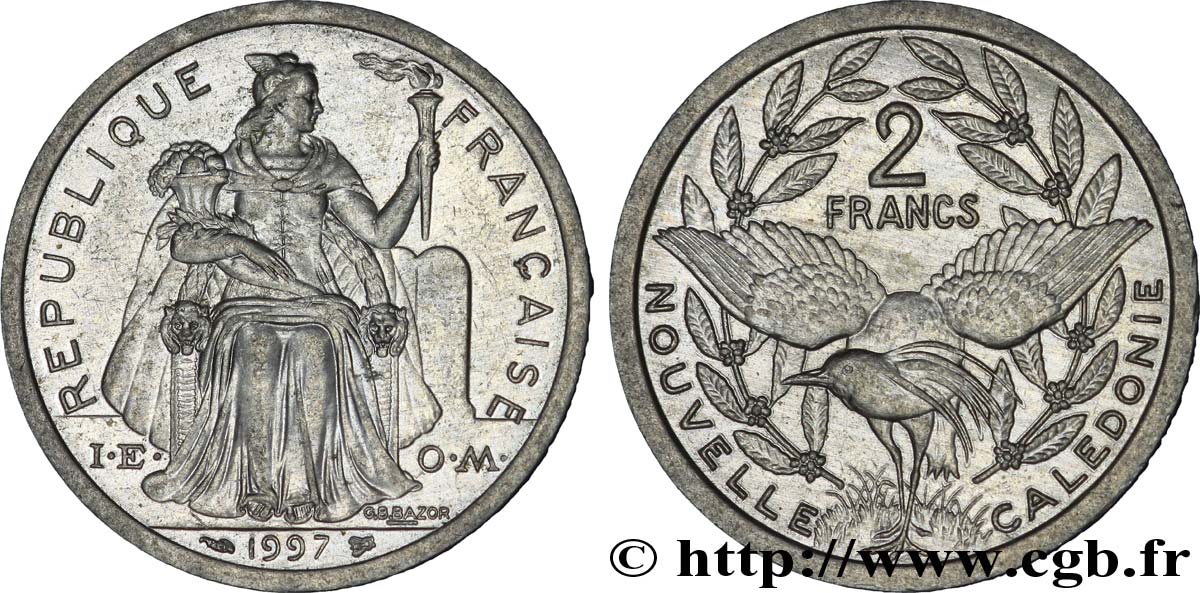 NOUVELLE CALÉDONIE 2 Francs I.E.O.M. représentation allégorique de Minerve / Kagu, oiseau de Nouvelle-Calédonie 1997 Paris SUP 