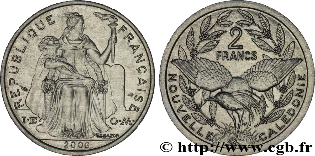 NOUVELLE CALÉDONIE 2 Francs I.E.O.M. représentation allégorique de Minerve / Kagu, oiseau de Nouvelle-Calédonie 2006 Paris SPL 