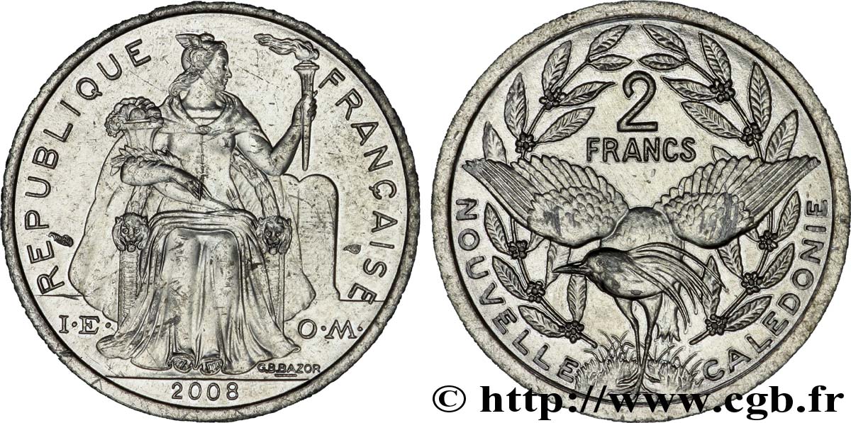 NOUVELLE CALÉDONIE 2 Francs I.E.O.M. représentation allégorique de Minerve / Kagu, oiseau de Nouvelle-Calédonie 2008 Paris SUP 