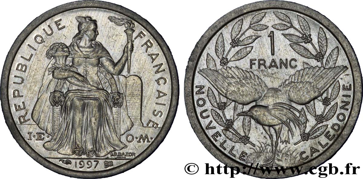 NOUVELLE CALÉDONIE 1 Franc I.E.O.M. représentation allégorique de Minerve / Kagu, oiseau de Nouvelle-Calédonie 1997 Paris SUP 