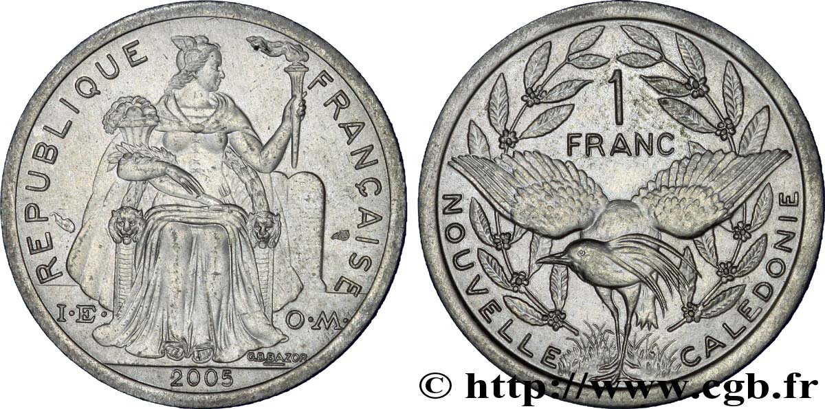 NOUVELLE CALÉDONIE 1 Franc I.E.O.M. représentation allégorique de Minerve / Kagu, oiseau de Nouvelle-Calédonie 2005 Paris SPL 