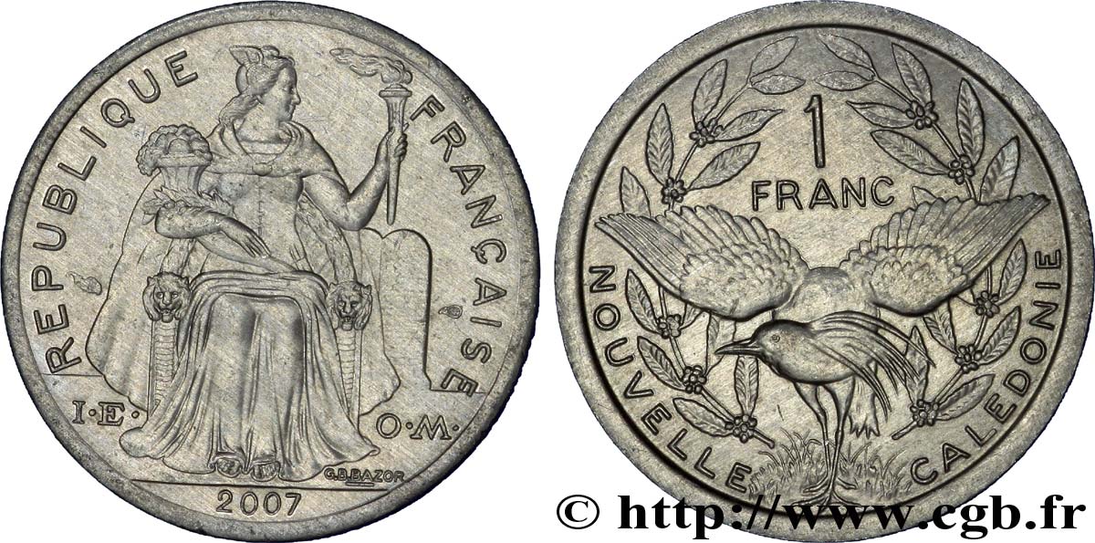 NOUVELLE CALÉDONIE 1 Franc I.E.O.M. représentation allégorique de Minerve / Kagu, oiseau de Nouvelle-Calédonie 2007 Paris SPL 