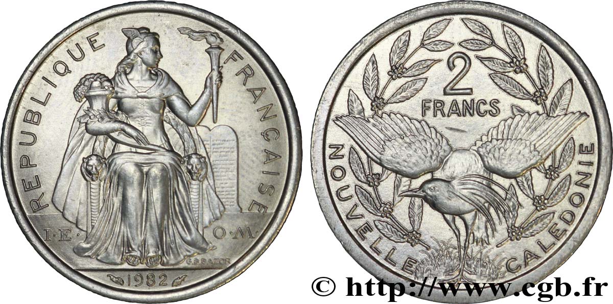NOUVELLE CALÉDONIE 2 Francs I.E.O.M. représentation allégorique de Minerve / Kagu, oiseau de Nouvelle-Calédonie 1982 Paris SPL 