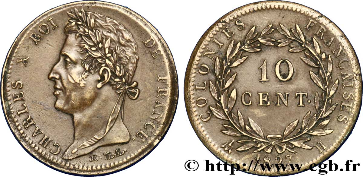 COLONIES FRANÇAISES - Charles X, pour la Martinique et la Guadeloupe 10 Centimes Charles X 1827 La Rochelle - H TTB+ 