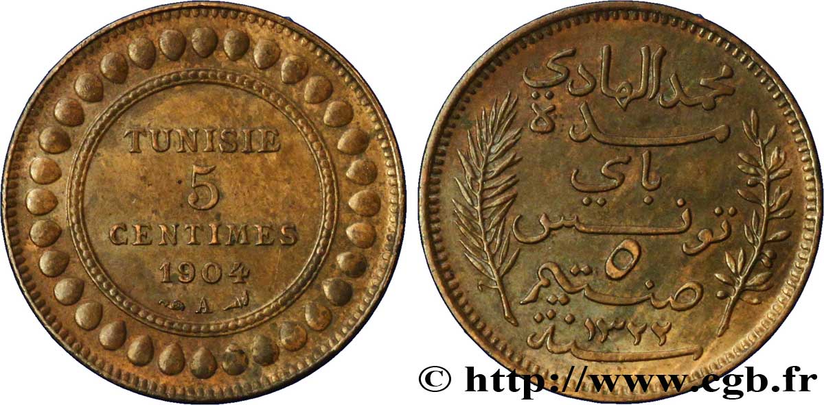 TUNISIA - FRENCH PROTECTORATE 5 Centimes AH1322 1904 Paris AU 