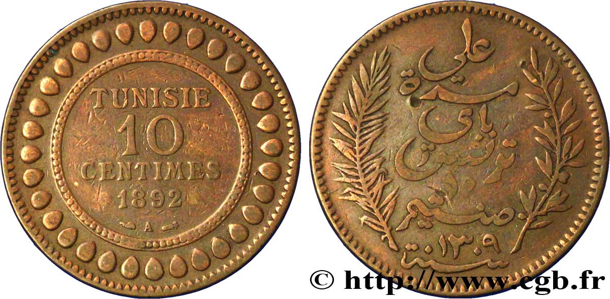 TUNEZ - Protectorado Frances 10 Centimes AH1309 1892 Paris MBC 