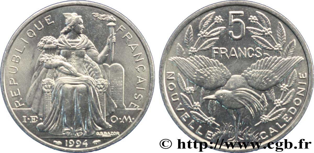 NOUVELLE CALÉDONIE 5 Francs I.E.O.M. représentation allégorique de Minerve / Kagu, oiseau de Nouvelle-Calédonie 1994 Paris SPL 