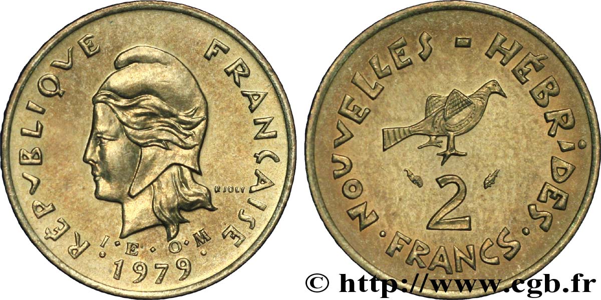 NOUVELLES HÉBRIDES (VANUATU depuis 1980) 2 Francs I. E. O. M. Marianne / oiseau 1979 Paris SPL 
