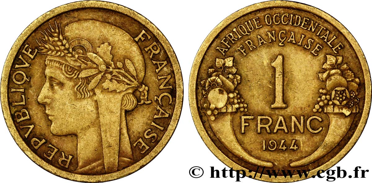 FRENCH WEST AFRICA 1 Franc Morlon 1944 Londres XF 