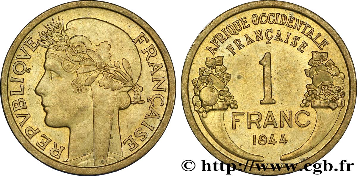 AFRIQUE OCCIDENTALE FRANÇAISE 1 Franc Morlon 1944 Londres SPL 