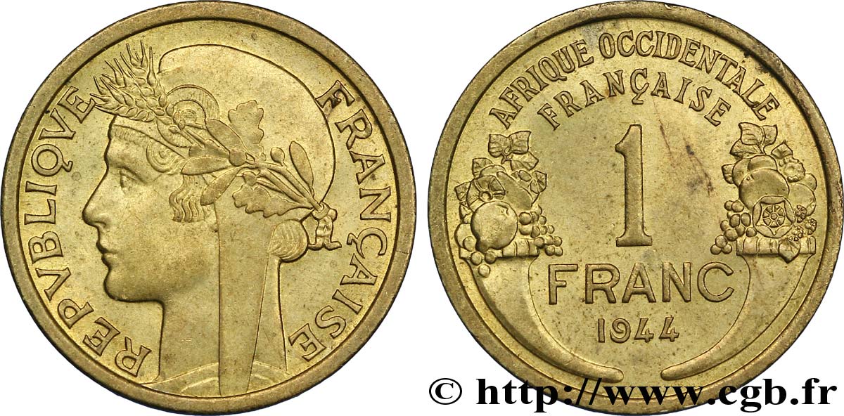 AFRIQUE OCCIDENTALE FRANÇAISE 1 Franc Morlon 1944 Londres SPL 