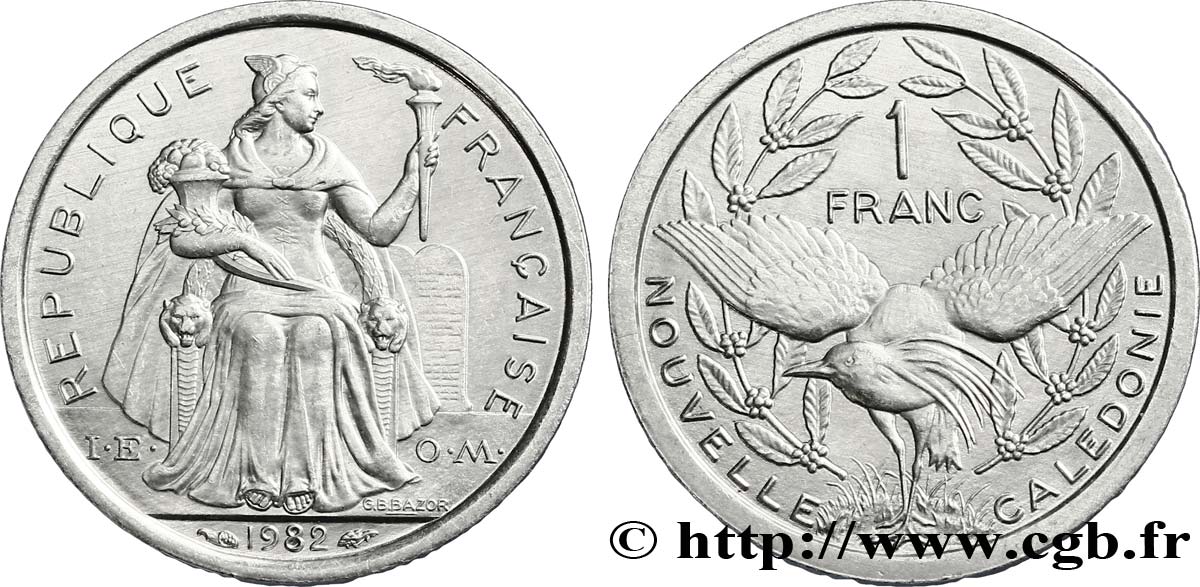 NEW CALEDONIA 1 Franc I.E.O.M. représentation allégorique de Minerve / Kagu, oiseau de Nouvelle-Calédonie 1982 Paris MS 