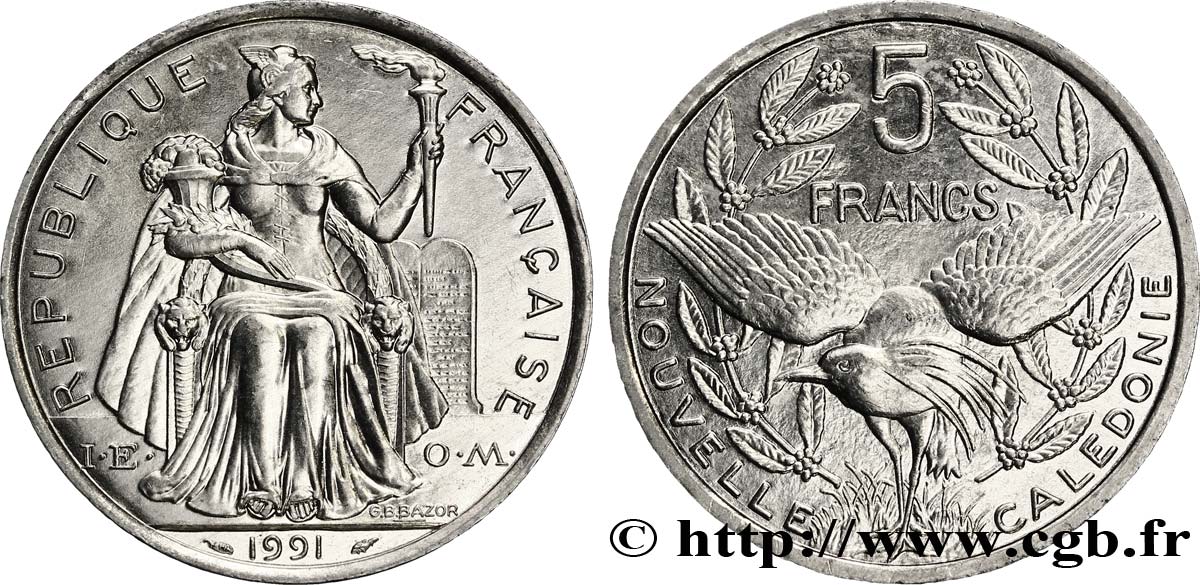 NOUVELLE CALÉDONIE 5 Francs I.E.O.M. représentation allégorique de Minerve / Kagu, oiseau de Nouvelle-Calédonie 1991 Paris SPL 