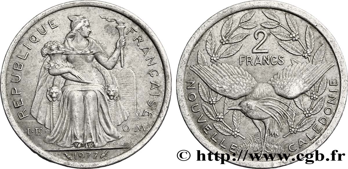 NOUVELLE CALÉDONIE 2 Francs I.E.O.M. représentation allégorique de Minerve / Kagu, oiseau de Nouvelle-Calédonie 1977 Paris TTB 