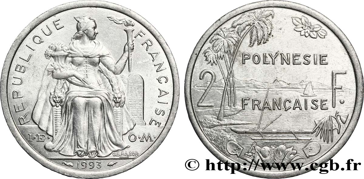 POLYNÉSIE FRANÇAISE 2 Francs 1993 Paris SUP 