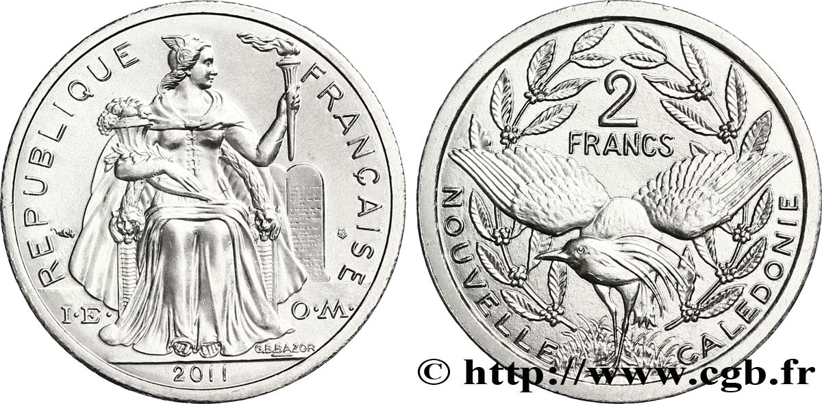 NEUKALEDONIEN 2 Francs I.E.O.M. représentation allégorique de Minerve / Kagu, oiseau de Nouvelle-Calédonie 2011 Paris fST 