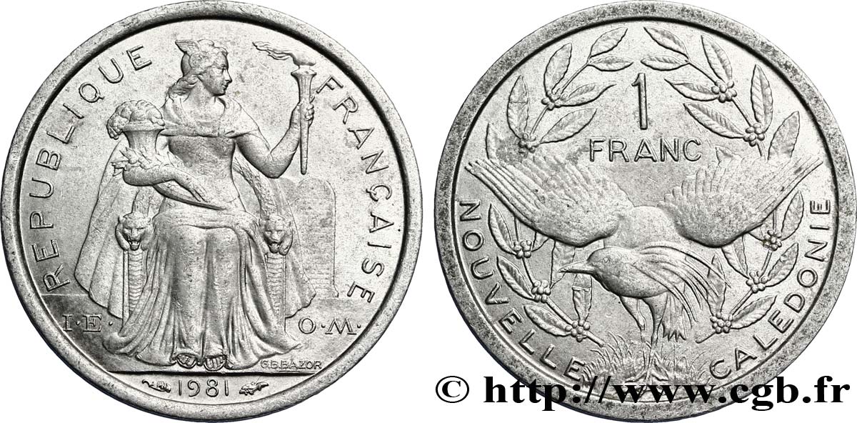 NOUVELLE CALÉDONIE 1 Franc I.E.O.M. représentation allégorique de Minerve / Kagu, oiseau de Nouvelle-Calédonie 1981 Paris SUP 