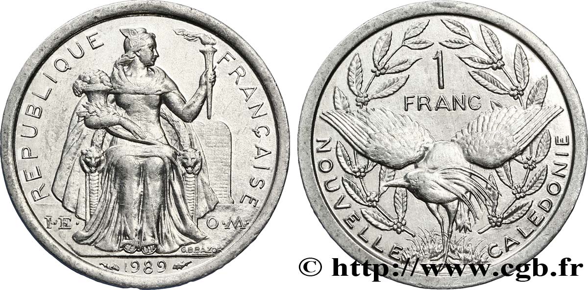 NOUVELLE CALÉDONIE 1 Franc I.E.O.M. représentation allégorique de Minerve / Kagu, oiseau de Nouvelle-Calédonie 1989 Paris SUP 
