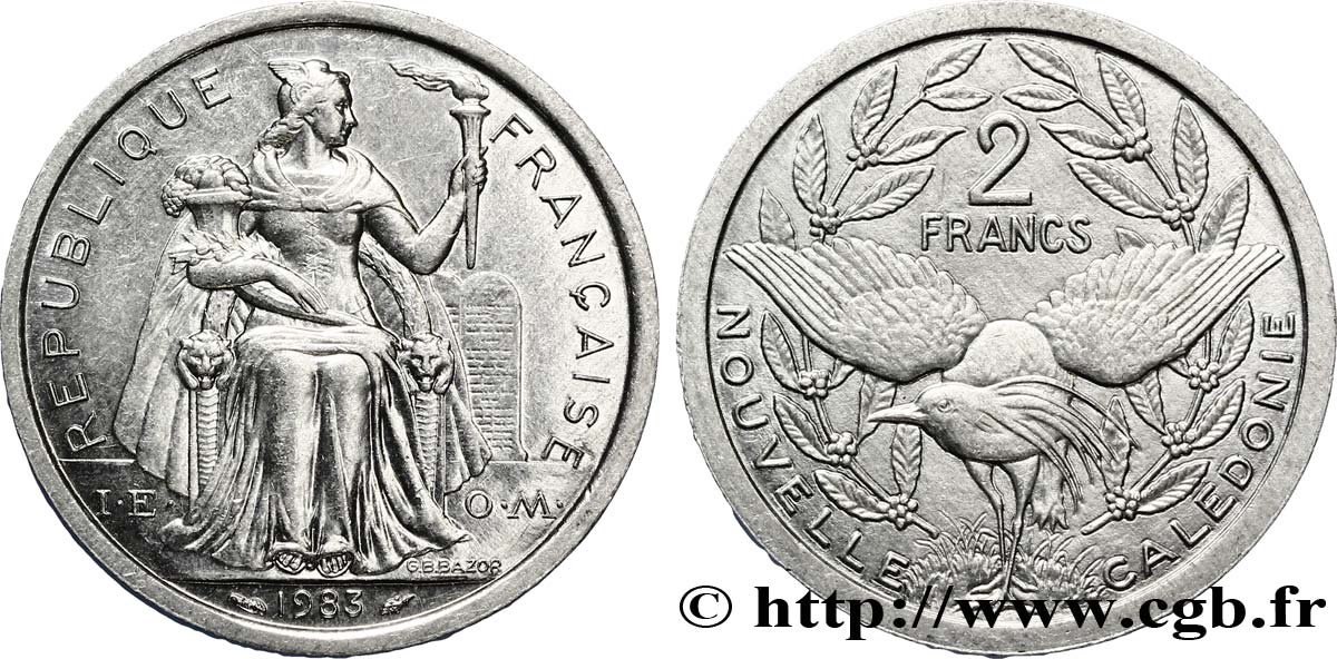 NOUVELLE CALÉDONIE 2 Francs I.E.O.M. représentation allégorique de Minerve / Kagu, oiseau de Nouvelle-Calédonie 1983 Paris SPL 