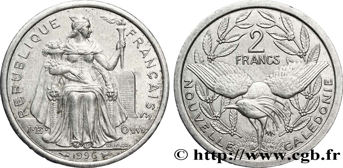 NOUVELLE CALÉDONIE 2 Francs I.E.O.M. représentation allégorique de Minerve / Kagu, oiseau de Nouvelle-Calédonie 1996 Paris TTB+ 