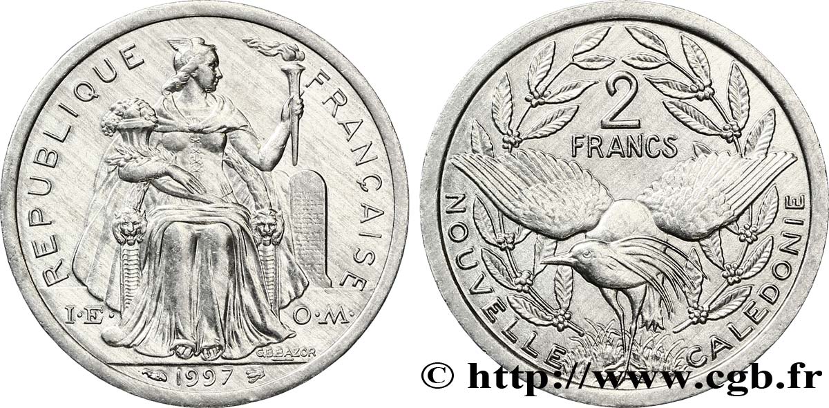 NOUVELLE CALÉDONIE 2 Francs I.E.O.M. représentation allégorique de Minerve / Kagu, oiseau de Nouvelle-Calédonie 1997 Paris SPL 