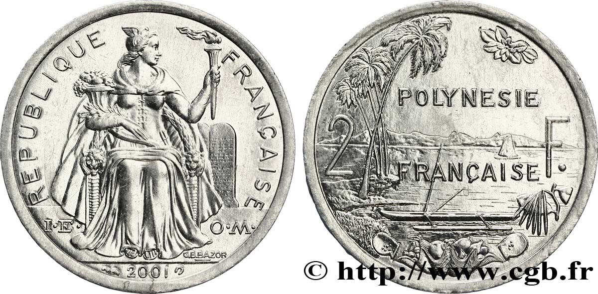 NOUVELLE CALÉDONIE 2 Francs I.E.O.M. représentation allégorique de Minerve / Kagu, oiseau de Nouvelle-Calédonie 2001 Paris SPL 
