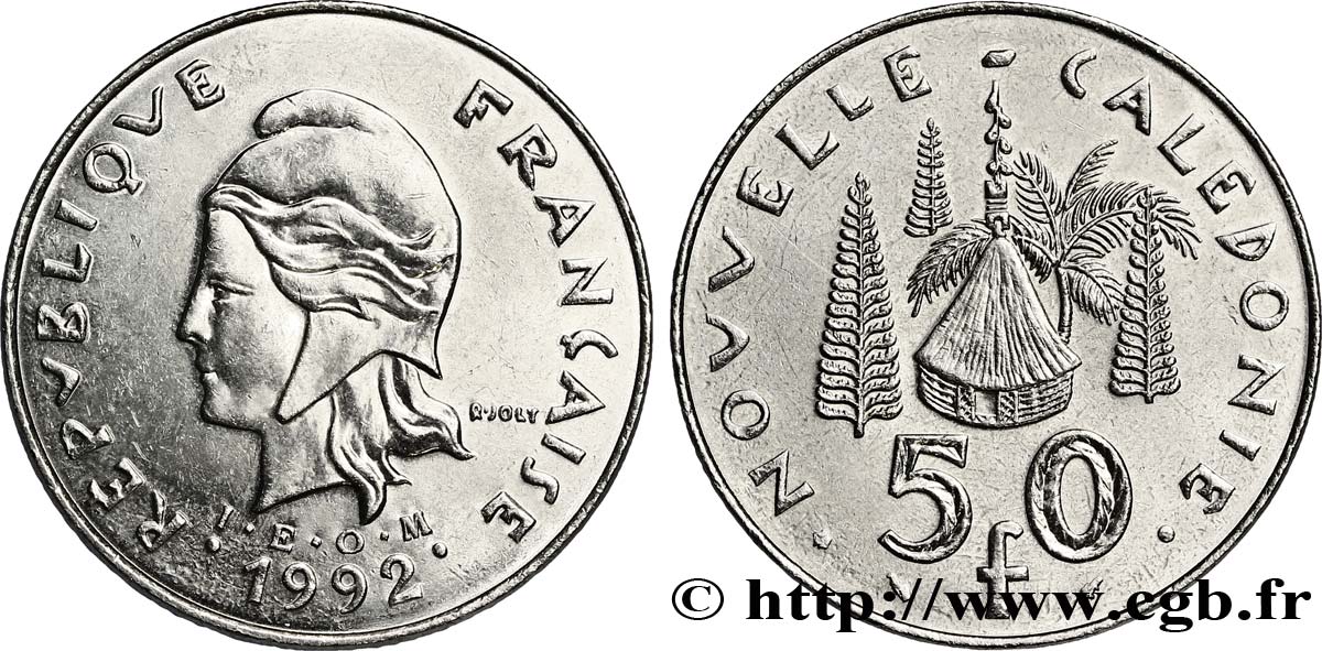 NEW CALEDONIA 50 Francs IEOM Marianne / hutte 1992 Paris AU 