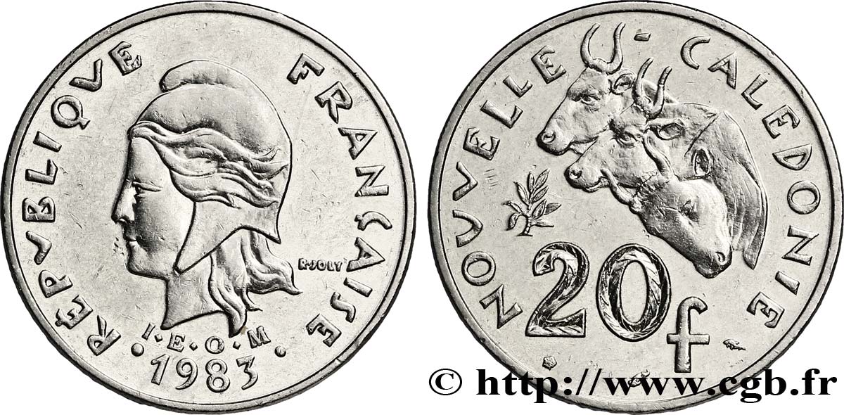 NUEVA CALEDONIA 20 Francs I.E.O.M. Marianne / zébus d’élevage de Nouvelle Calédonie  1983 Paris MBC+ 