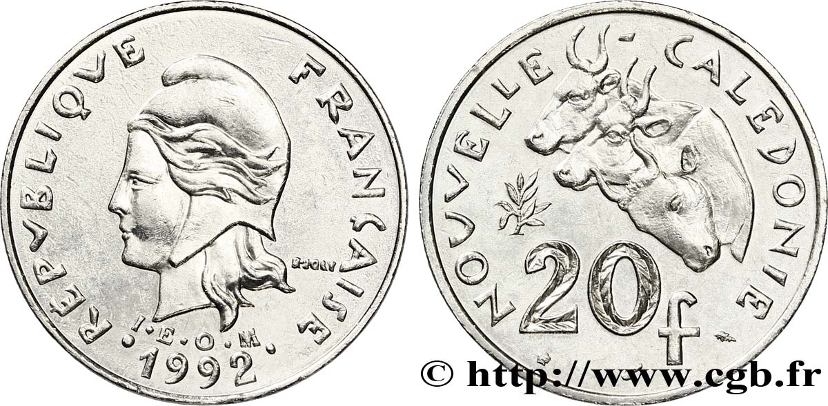 NEW CALEDONIA 20 Francs I.E.O.M. Marianne / zébus d’élevage de Nouvelle Calédonie  1992 Paris AU 